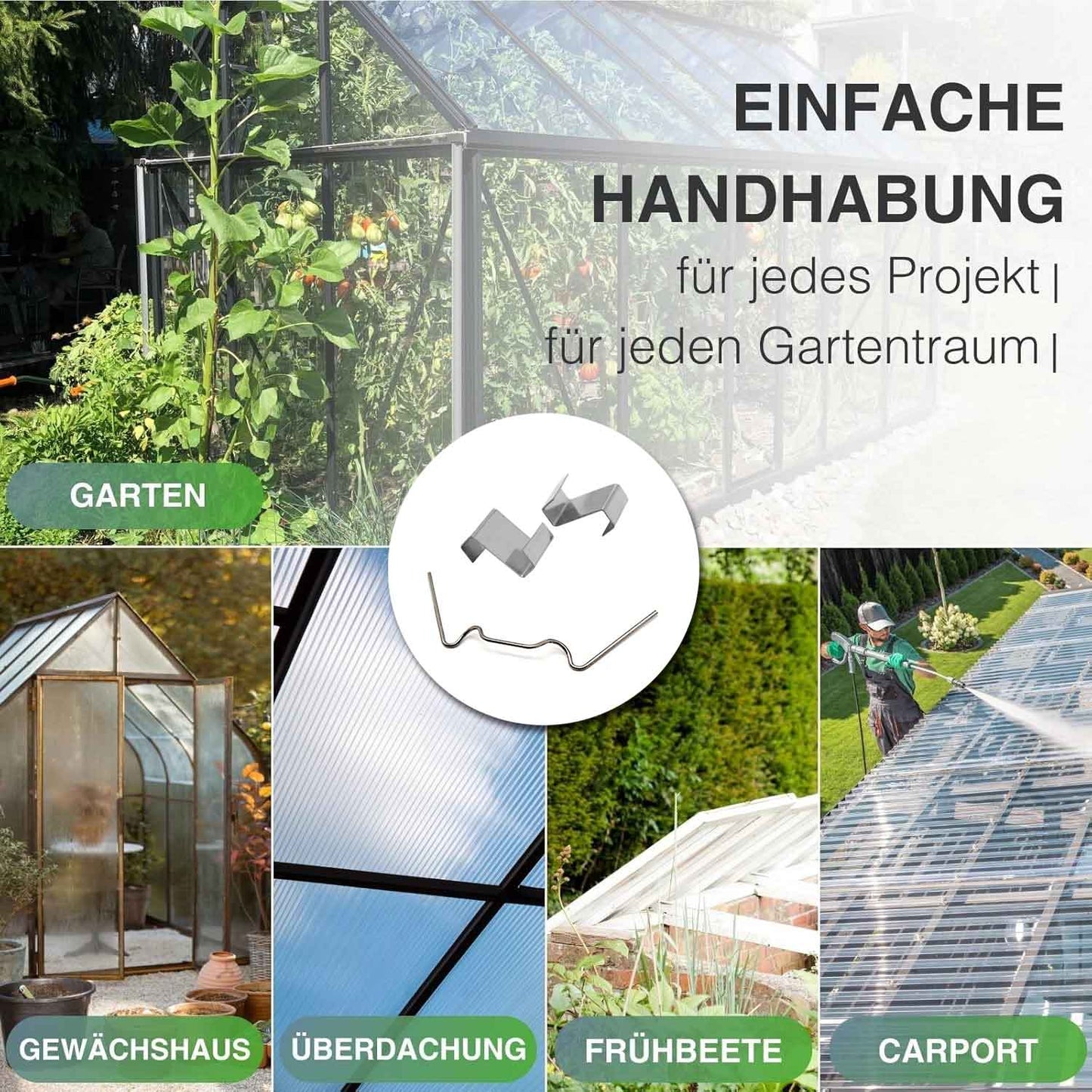 100 Gewächshausklammern robuste Edelstahl Klammern sturmfest für Gewächshaus. Anwendungsmöglichkeiten: Garten Gewächshaus, Überdachung, Frühbeete, Carport