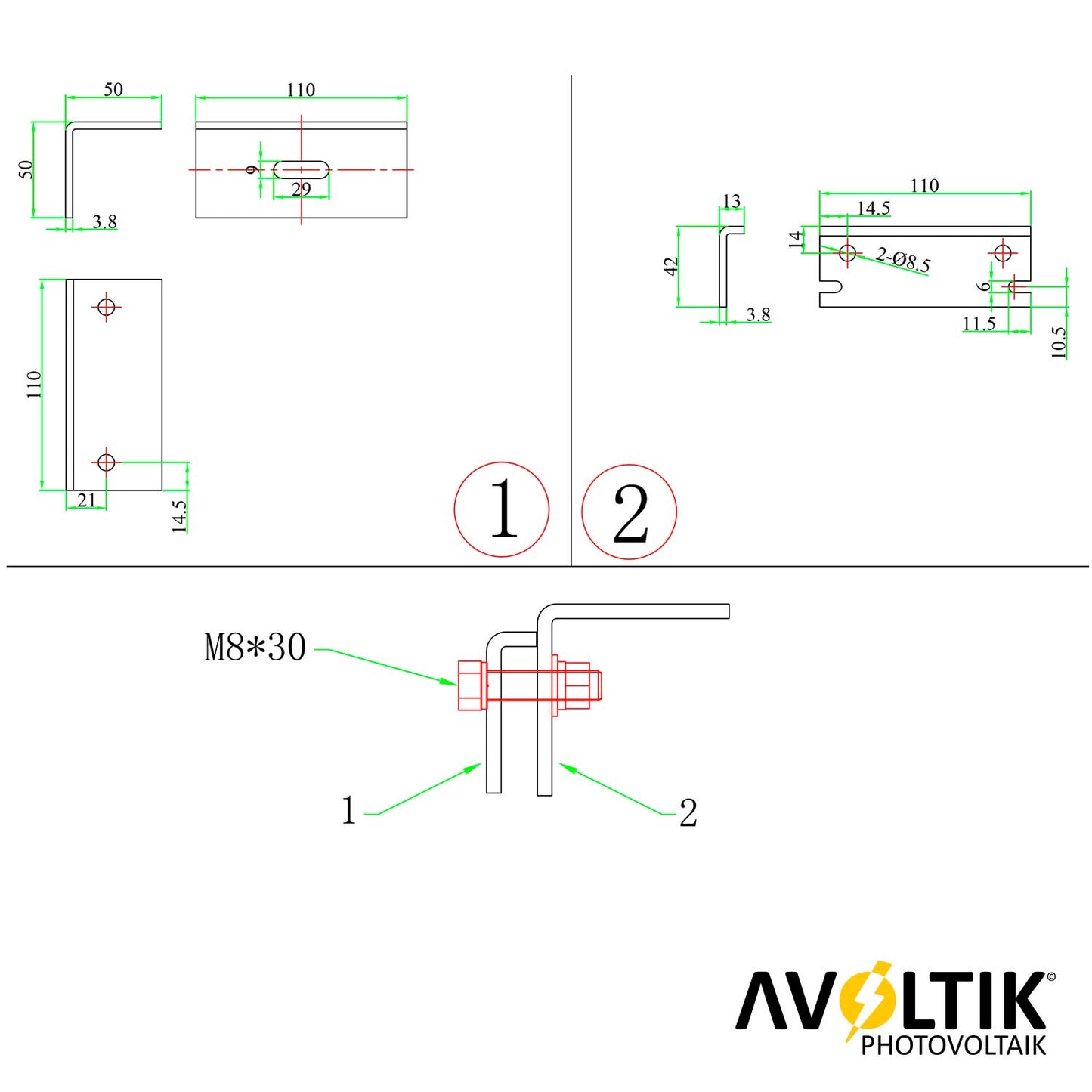 Avoltik Dachfalzklemme Bemaßung