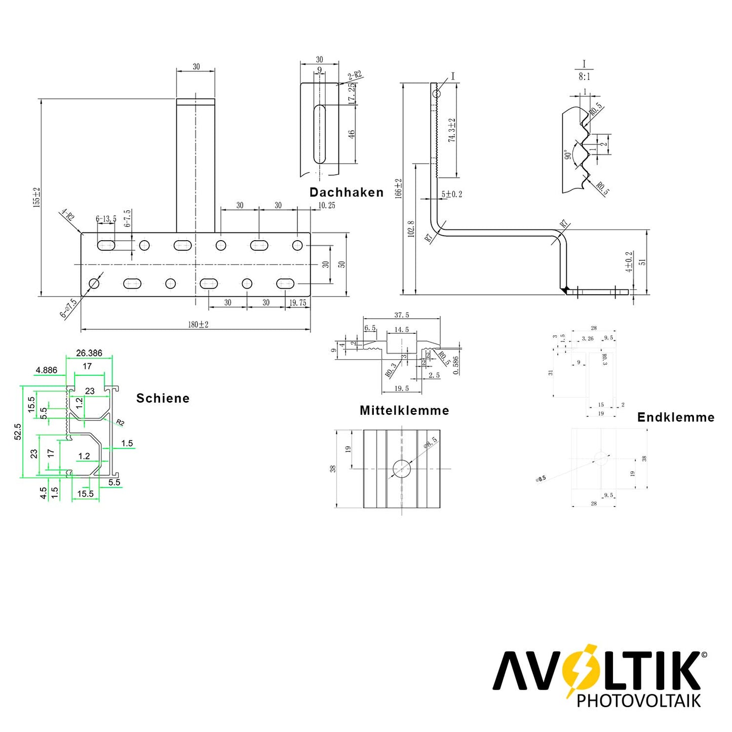 Avoltik Solarpanel Ziegeldach Befestigung für Paneele von 30-40mm Details Bemaßung