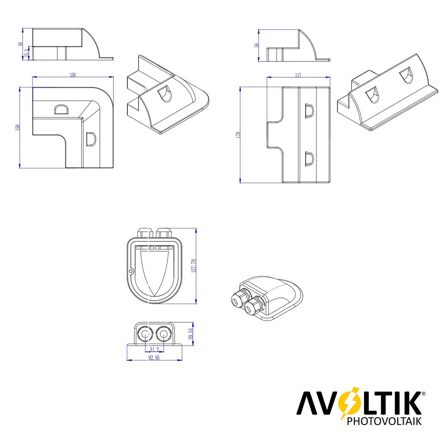 Avoltik 7er Set ABS Solarmodul Eck Halterung verstellbar Dach Befestigung Montage in schwarz Abmessungen