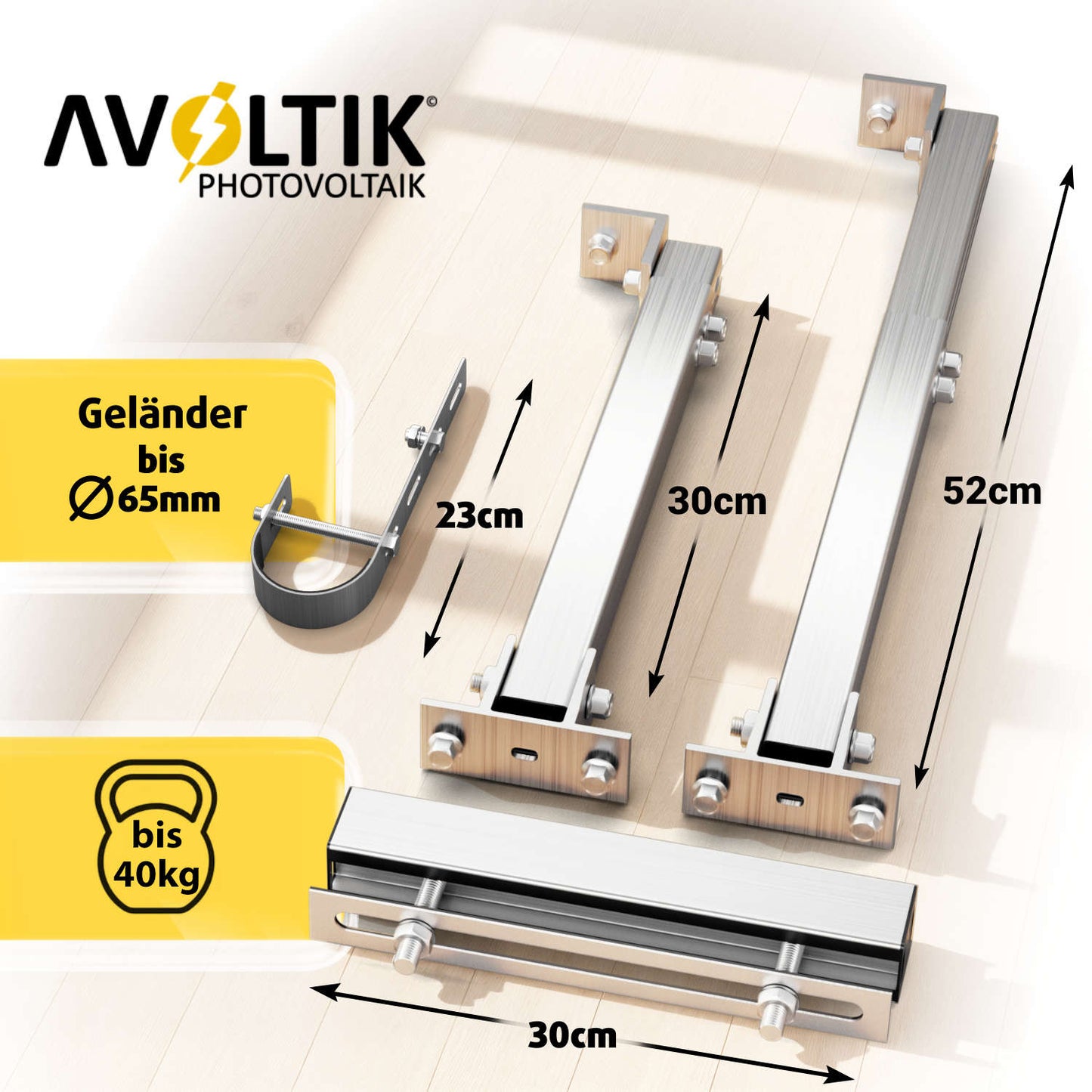 Avoltik alkonhalterungsset für ein Solarpanel - Lieferumfang und Abmessungen