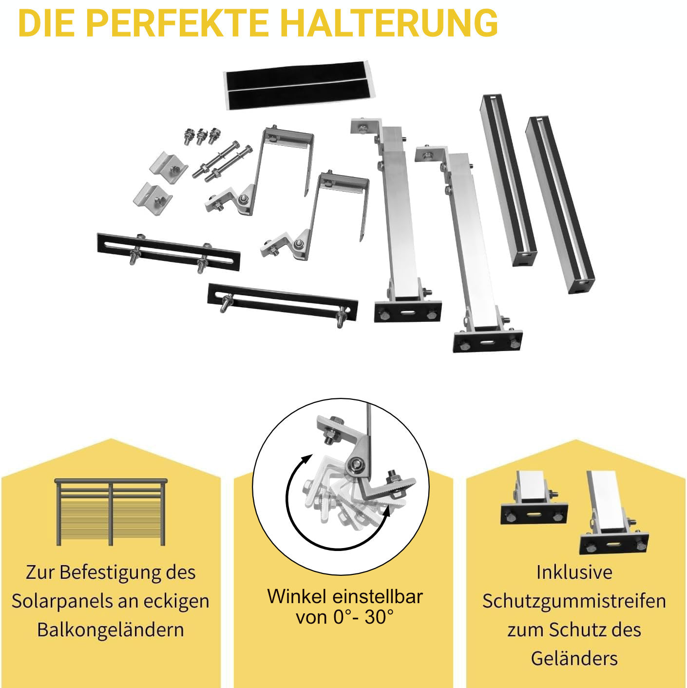 Avoltik Balkonkraftwerk Halterung Balkon für alle Solarpanel-Größen für eckige Geländer Haken. Neigbarer Winkel von 0°-30°