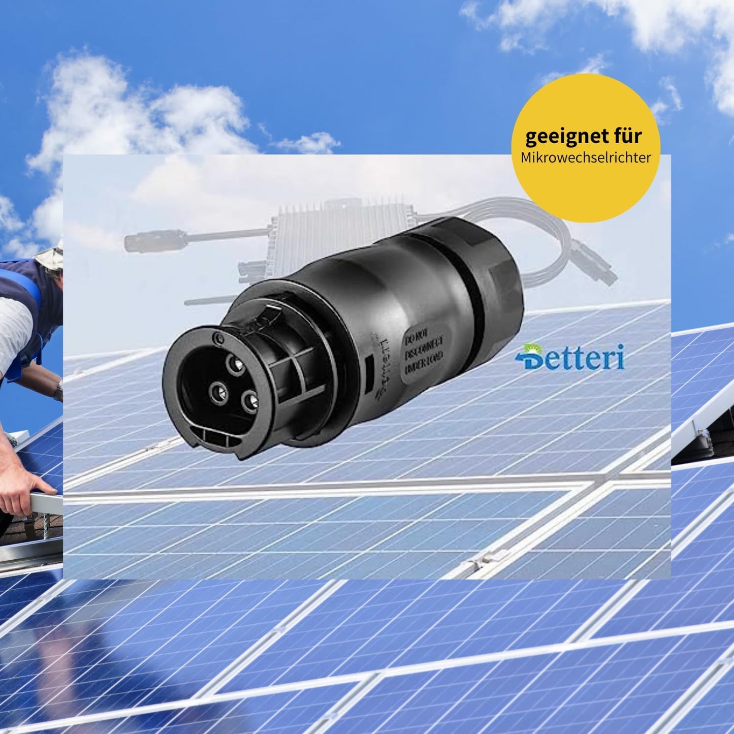 Avoltik Betteri BC01 Kupplung/Buchse Female, im Hintergrund Micro-Wechselrichter und Solarpaneele