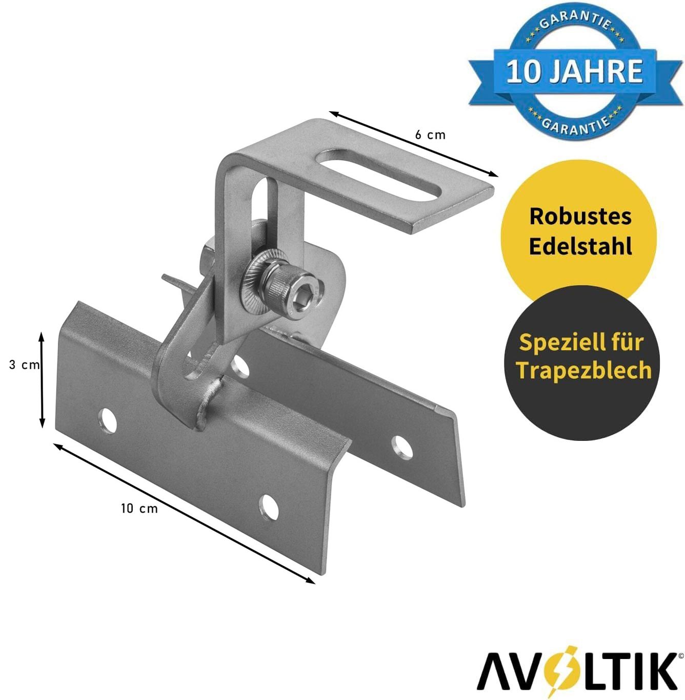 Avoltik Dachhaken Trapezblech Schienenbefestigungen aus qualitativ hochwertigem Edelstahl. Produktbemaßung und Produkthinweise.