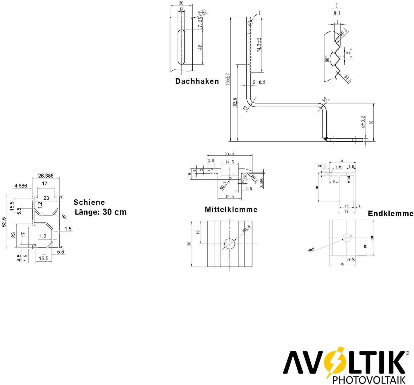 Avoltik Halterung Ziegeldach Montageset für Solarmodule 30-40 mm dicke schwarz Edelstahl Haken Abmessungen