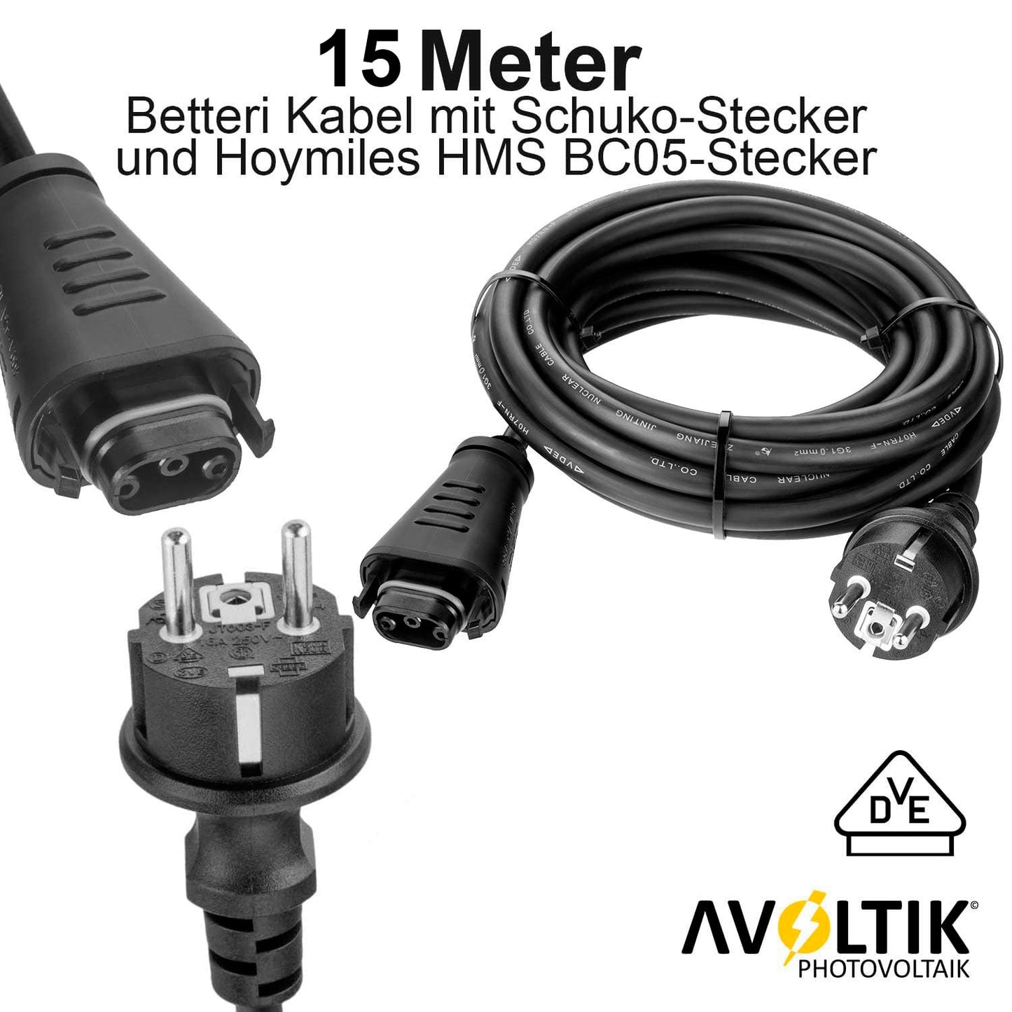 Avoltik Hoymiles HMS-Anschlusskabel Field Connector auf Schukostecker/Steckdose Kabel Produktbild 15 Meter