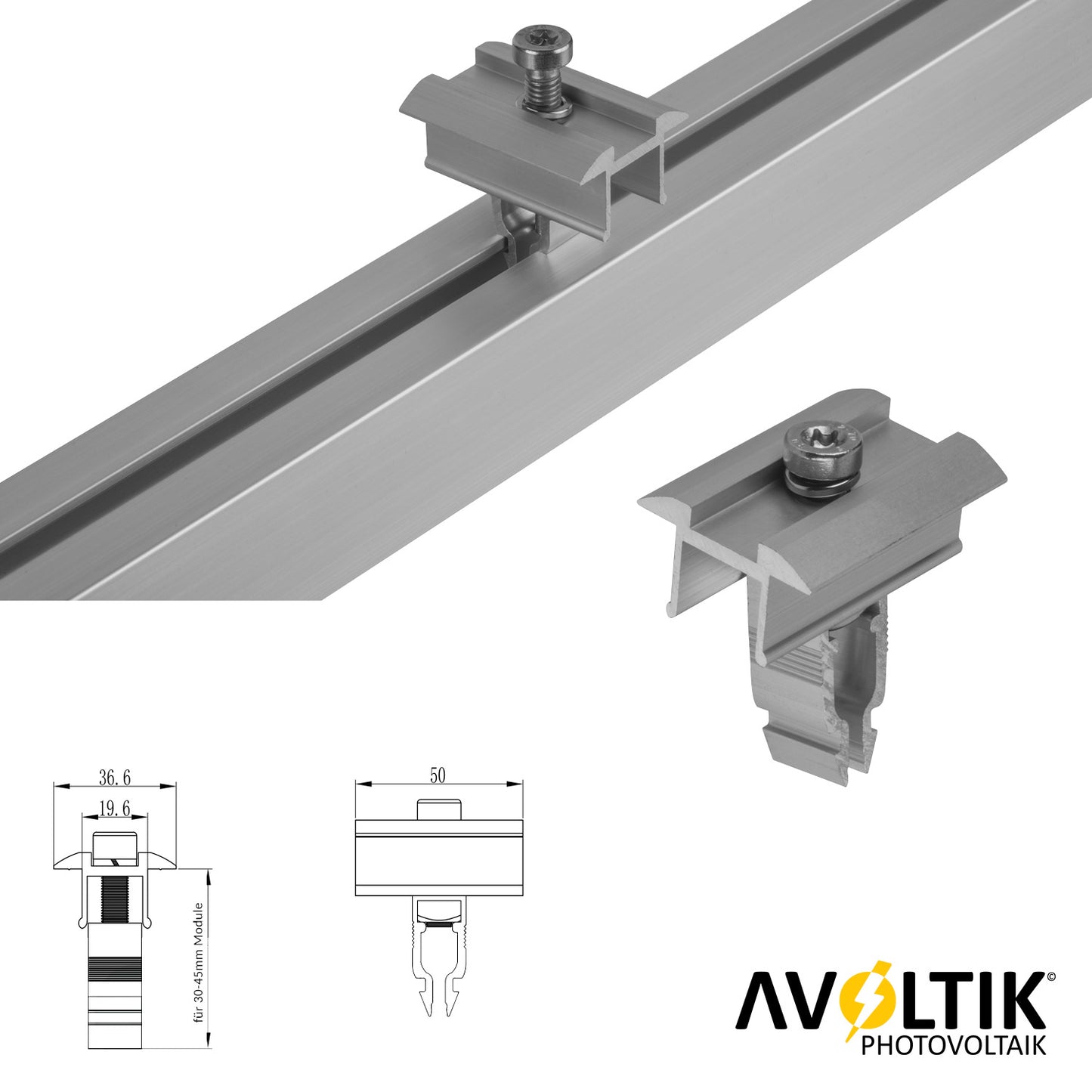 Avoltik Mittelklemme Silber Easy-Click für das Avoltik Ziegeldachset 30-45 mm Abmessungen und Anwendungsbeispiel