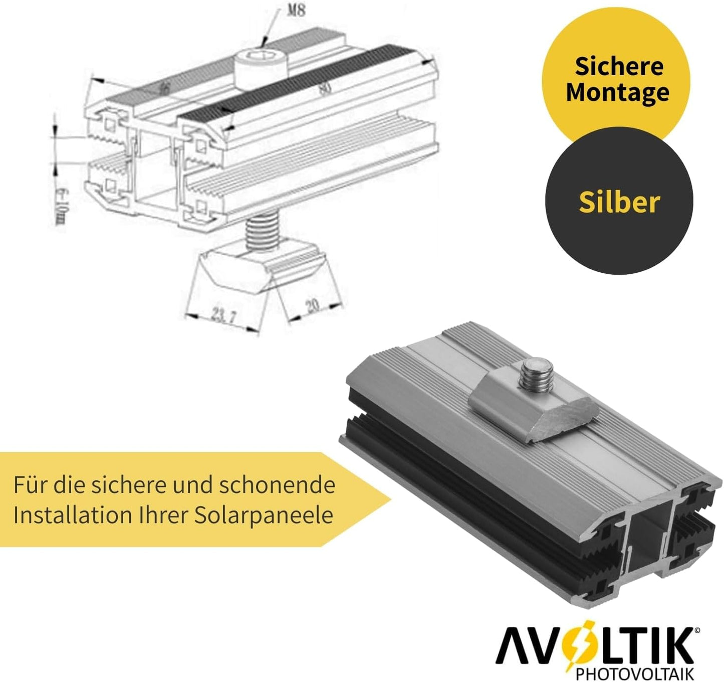 Avoltik Photovoltaik ALU Laminatklemme Mittelklemme für Dünnschichtmodule Produktinformationen Abmessung