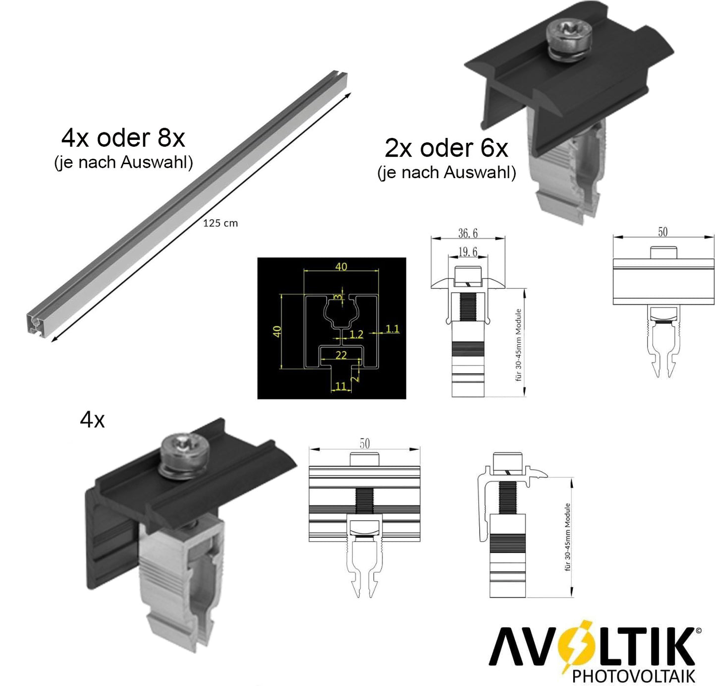 Avoltik Solar Halterung Blechfalzdach Montageset für 2 oder 4 Paneele in Schwarz 30-45mm Bemaßung Lieferumfang
