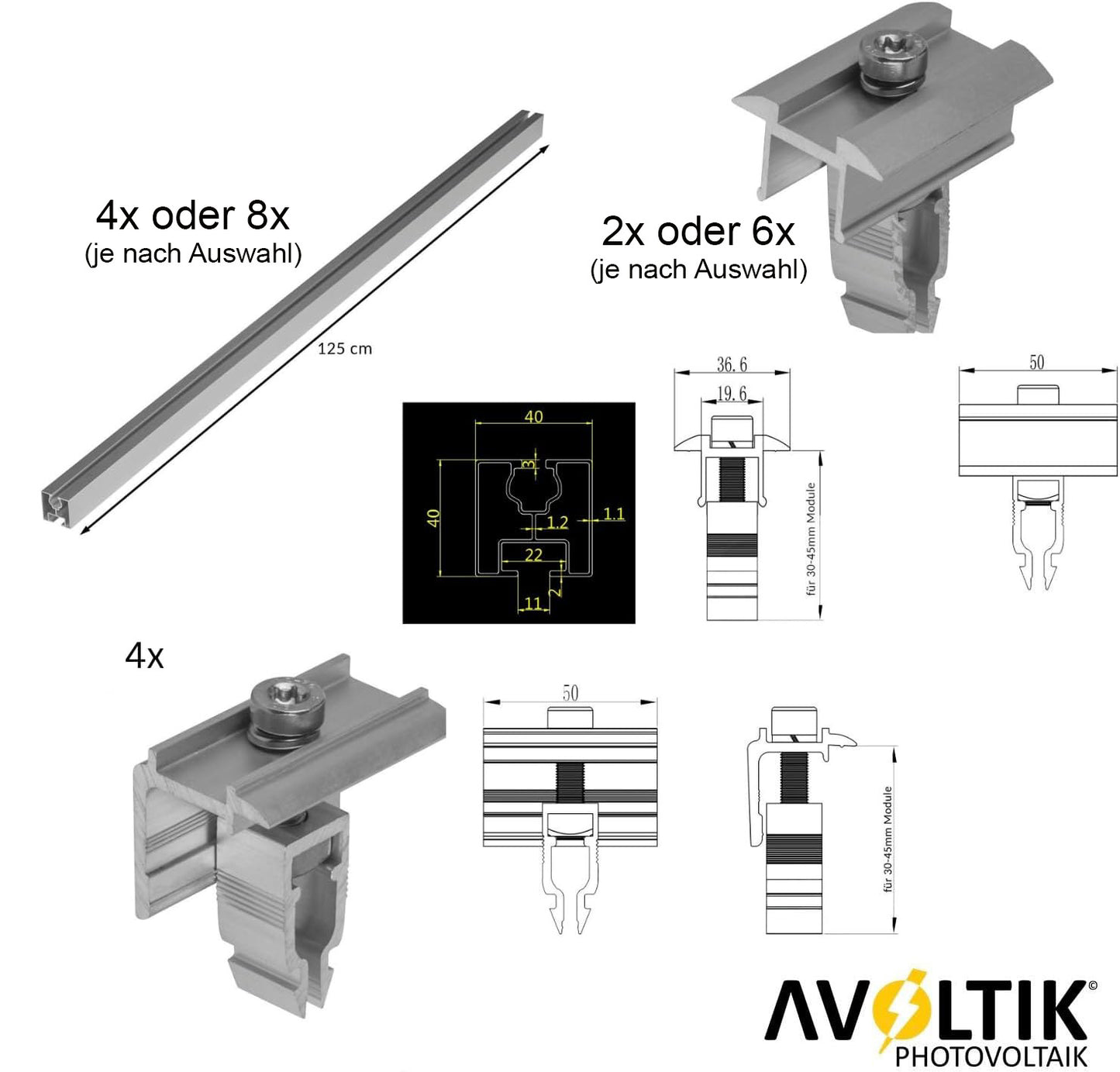 Avoltik Solar Halterung Blechfalzdach Montageset für 2 oder 4 Paneele in Silber 30-45mm Bemaßung Lieferumfang