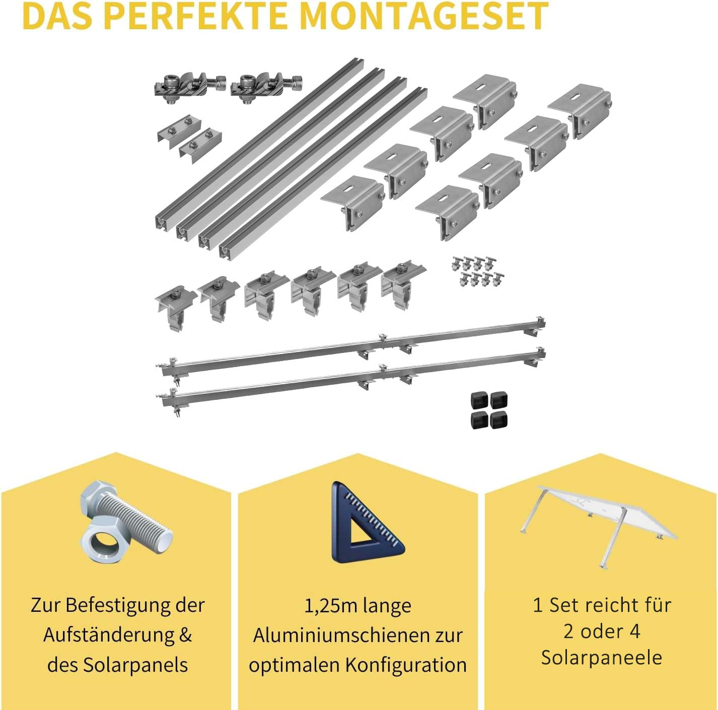 Avoltik Solar Halterung Blechfalzdach Montageset für 2 oder 4 Paneele in Silber oder Schwarz 30-45mm Das Perfekte Montageset, Produkthinweise