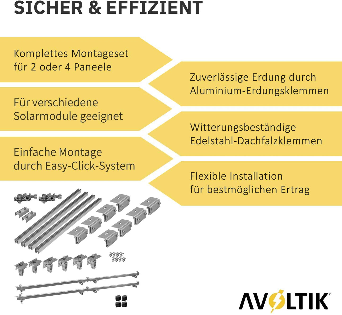 Avoltik Solar Halterung Blechfalzdach Montageset für 2 oder 4 Paneele in Silber oder Schwarz 30-45mm Sicher & Effizient