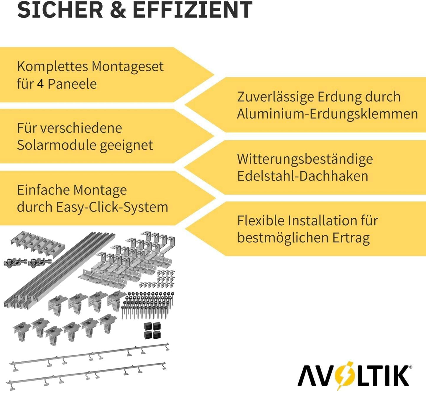 Avoltik Solar Halterung Ziegeldach Montageset für 4 Paneele 30-45mm Produkthinweise