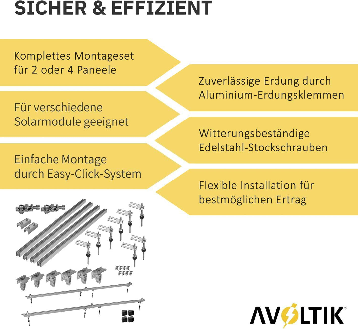 Avoltik Stockschrauben PV Montagesystem für 2 oder 4 Paneele in Silber oder Schwarz. Sicher & Effizient. Produktinformationen