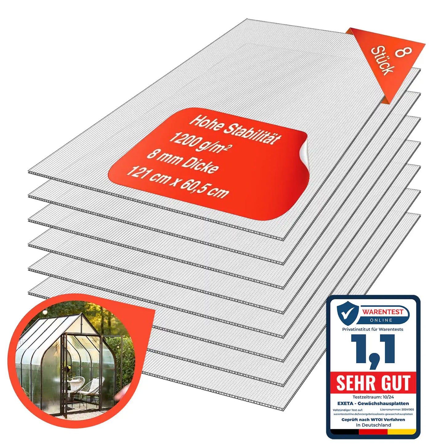 Doppelstegplatten aus Polycarbonat Gewächshausplatten 8mm 1200g/m² 8 Stück 605X1210 mm Produktbild