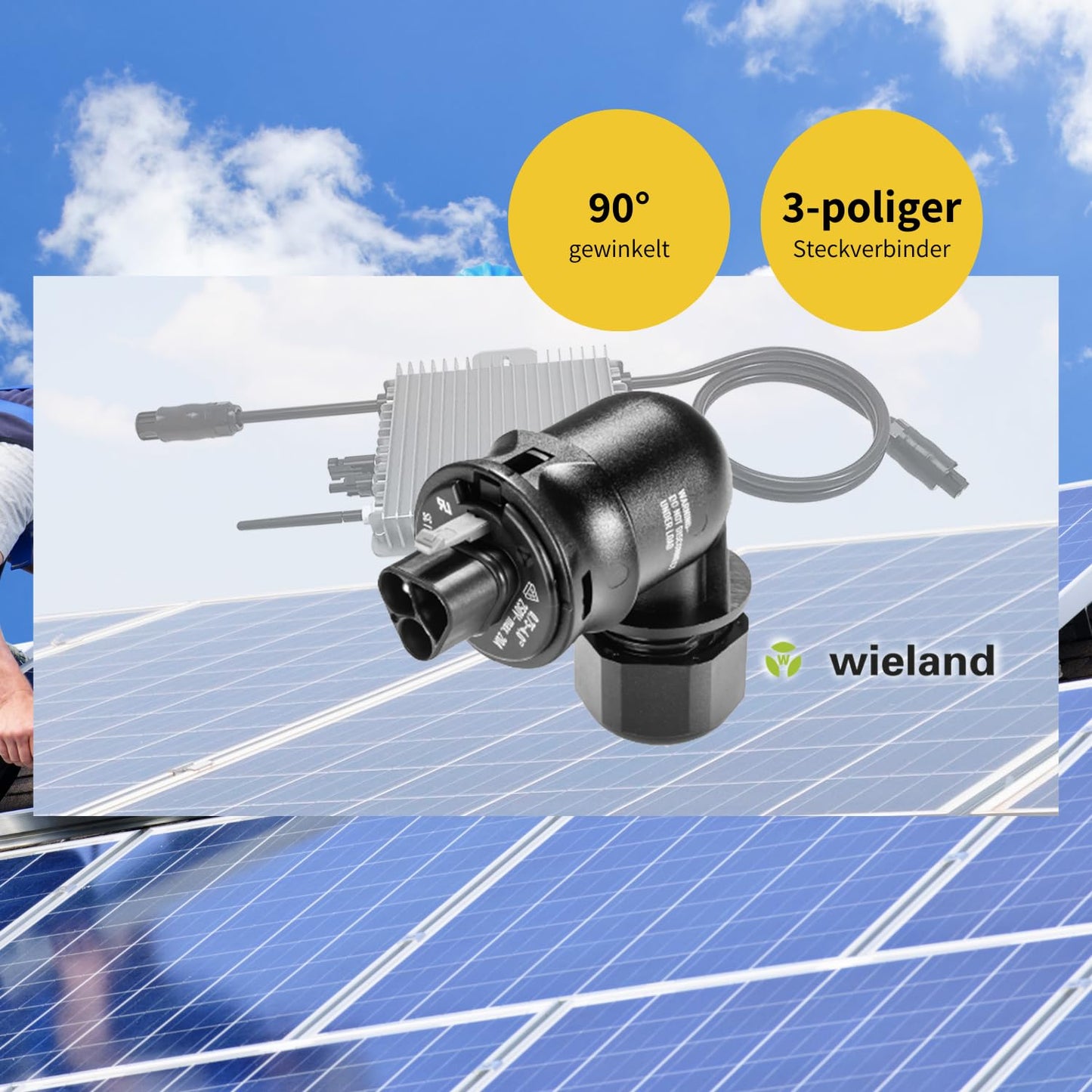 Wieland Steckverbinder gewinkelt 90° 3-polig // 96.034.4053.1 // RST20I3S S1 YR1 V SW im Hintergrund Solarpanele