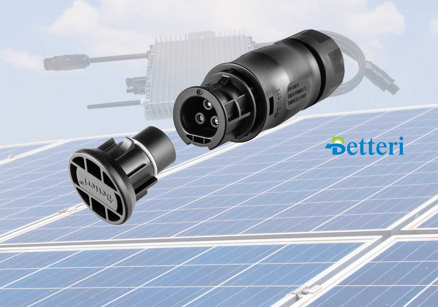 Betteri Set BC01 Kupplung/Buchse + Endkappe/Male für Wechselrichter im Hintergrund Solarpanele