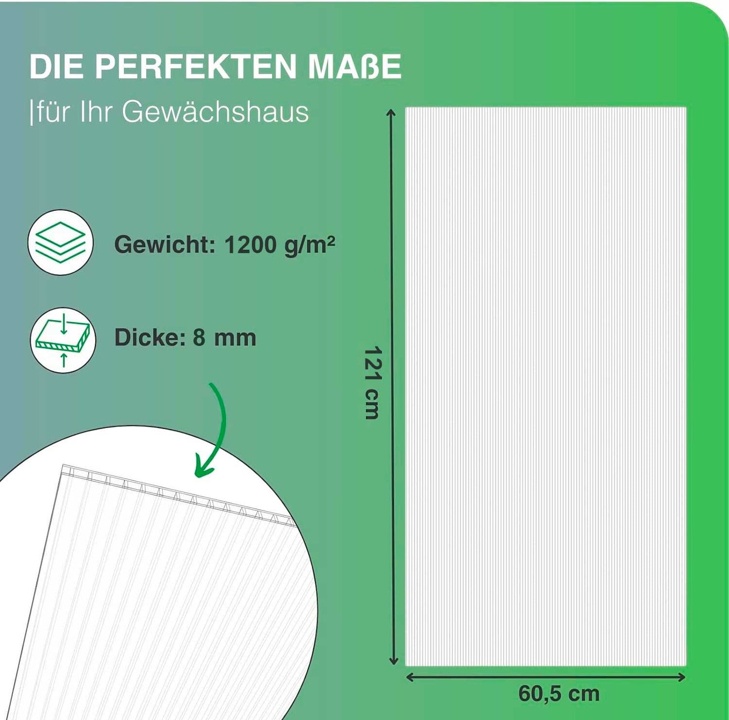 Stegplatten aus Polycarbonat Doppelstegplatten Gewächshausplatten 8mm 1200g/m² 8 Stück 605X1210 mm Abmessung, Stärke