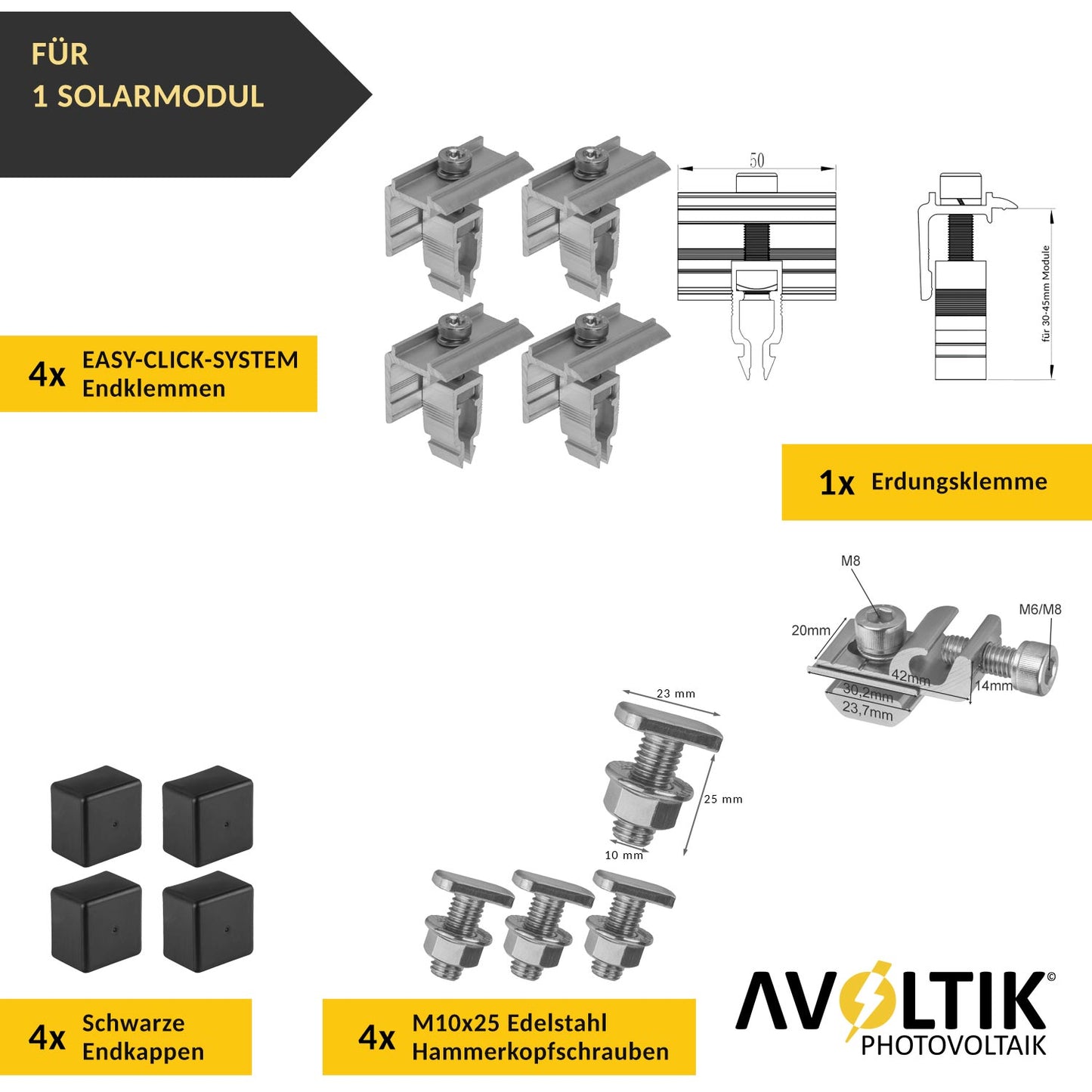 Avoltik Solar Halterung Ziegeldach Montageset für 1-10 Panel 30-45mm, Endklemmen Silber oder Schwarz