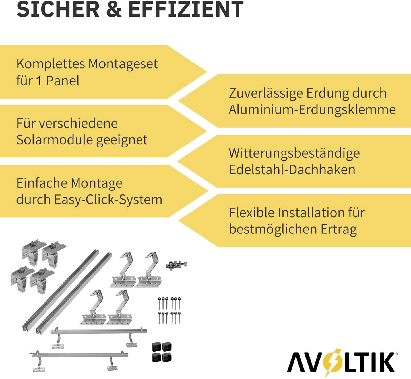 Avoltik Solar Halterung Ziegeldach Montageset für 1-10 Panel 30-45mm, Endklemmen Silber oder Schwarz