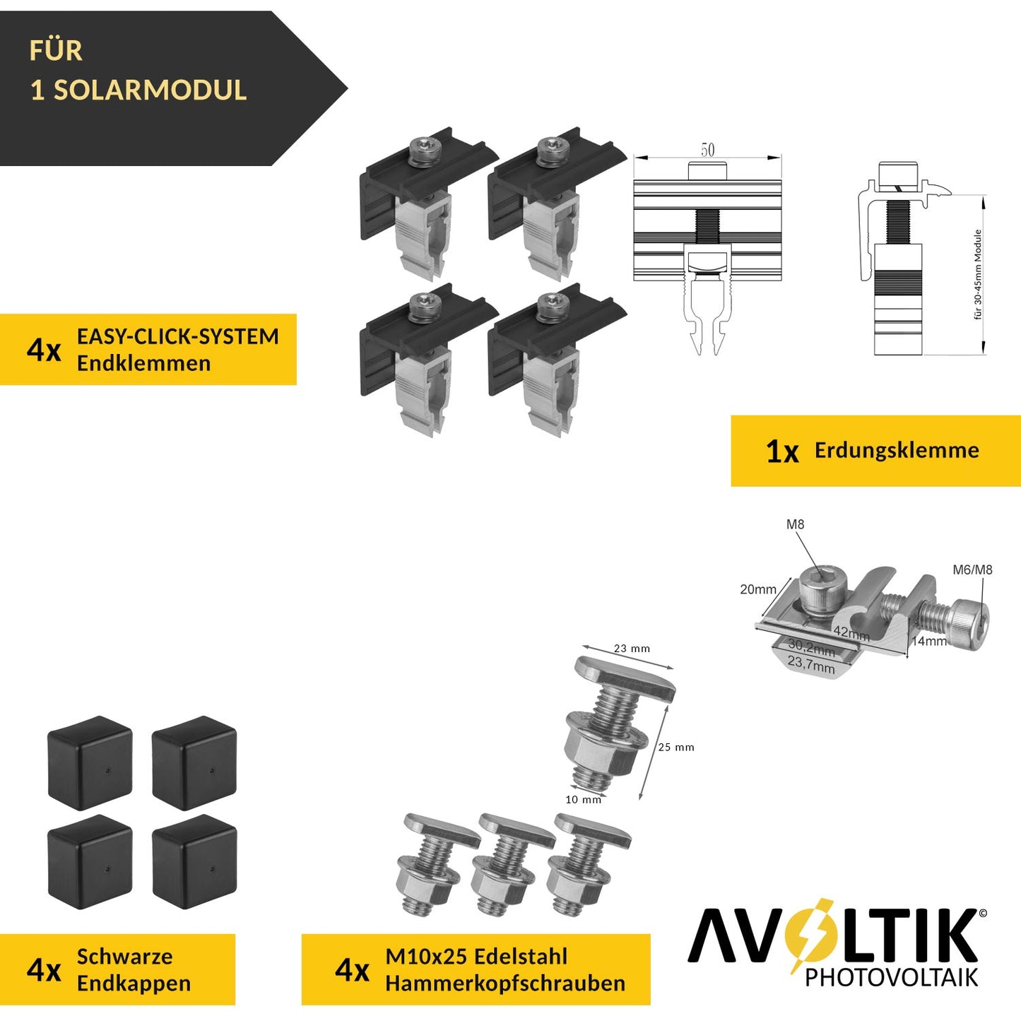 Avoltik Solar Halterung Ziegeldach Montageset für 1-10 Panel 30-45mm, Endklemmen Silber oder Schwarz