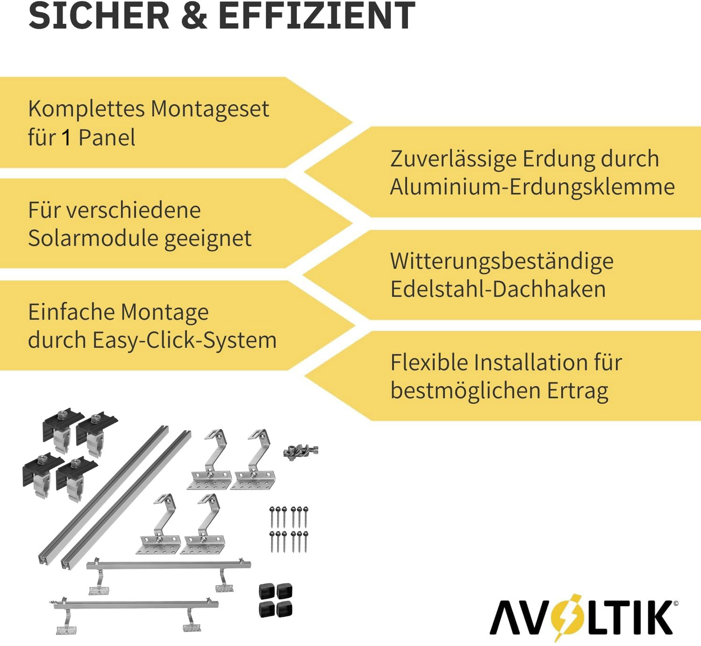 Avoltik Solar Halterung Ziegeldach Montageset für 1-10 Panel 30-45mm, Endklemmen Silber oder Schwarz