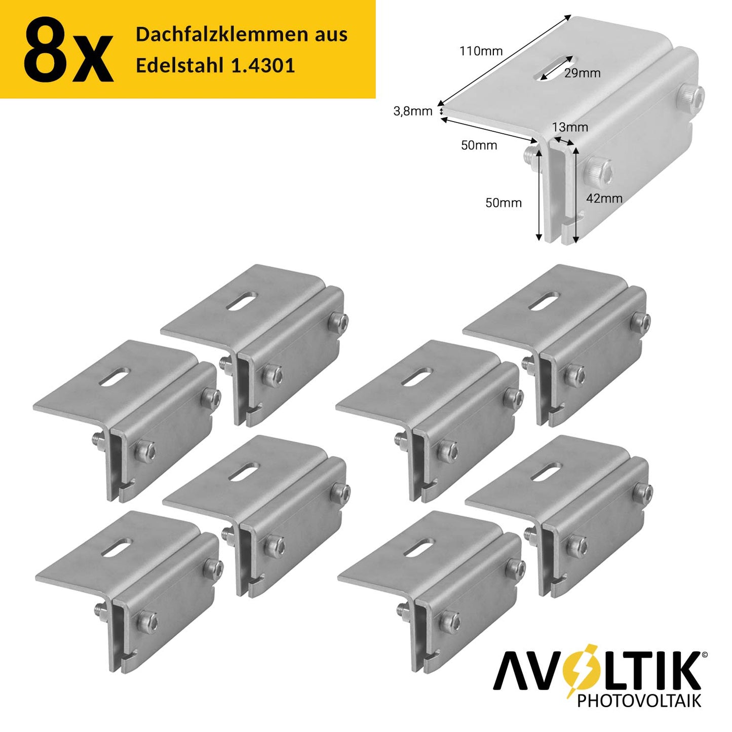 Avoltik Solar Halterung Blechfalzdach Montageset für 2 oder 4 Paneele in Silber oder Schwarz