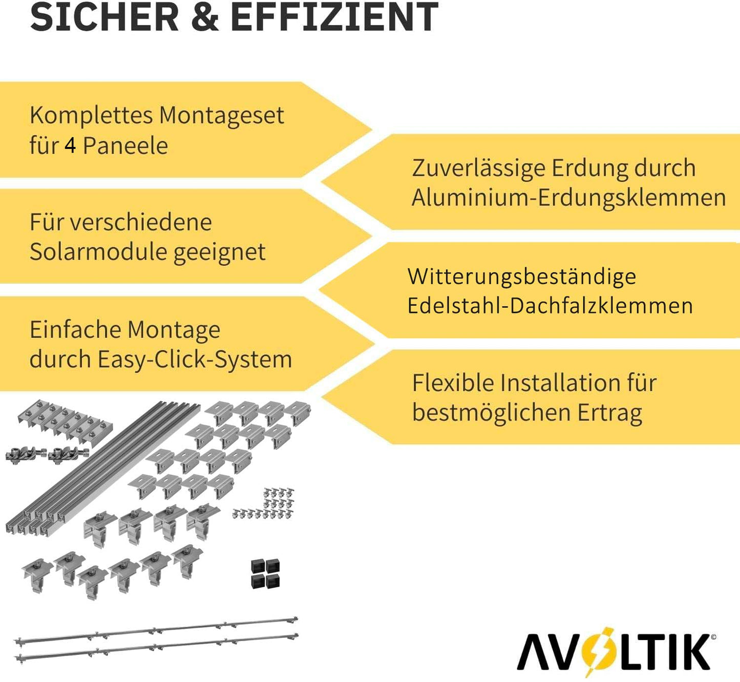 Avoltik Solar Halterung Blechfalzdach Montageset für 2 oder 4 Paneele in Silber oder Schwarz