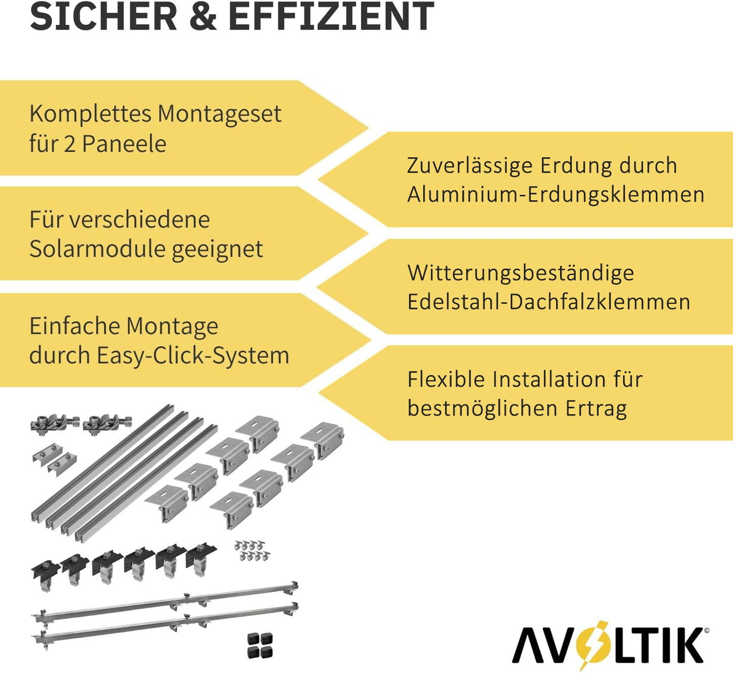 Avoltik Solar Halterung Blechfalzdach Montageset für 2 oder 4 Paneele in Silber oder Schwarz