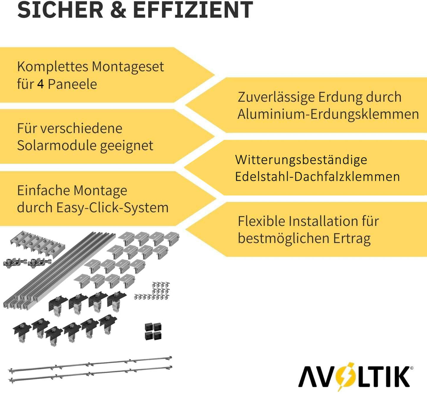 Avoltik Solar Halterung Blechfalzdach Montageset für 2 oder 4 Paneele in Silber oder Schwarz