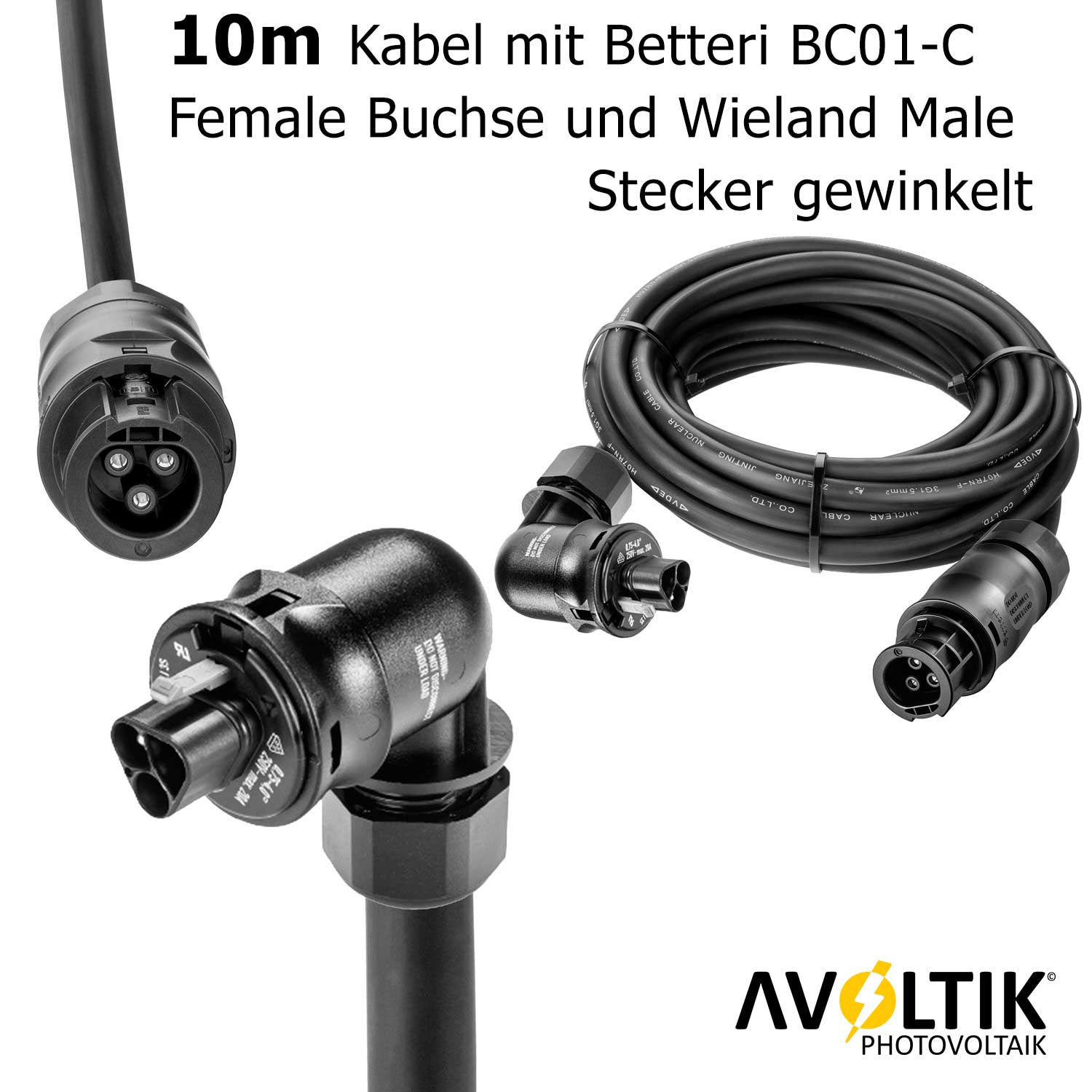 Avoltik Anschluss-Set 10 Meter mit Betteri-Kupplung und gewinkeltem Wieland Stecker Details Buchse und Stecker