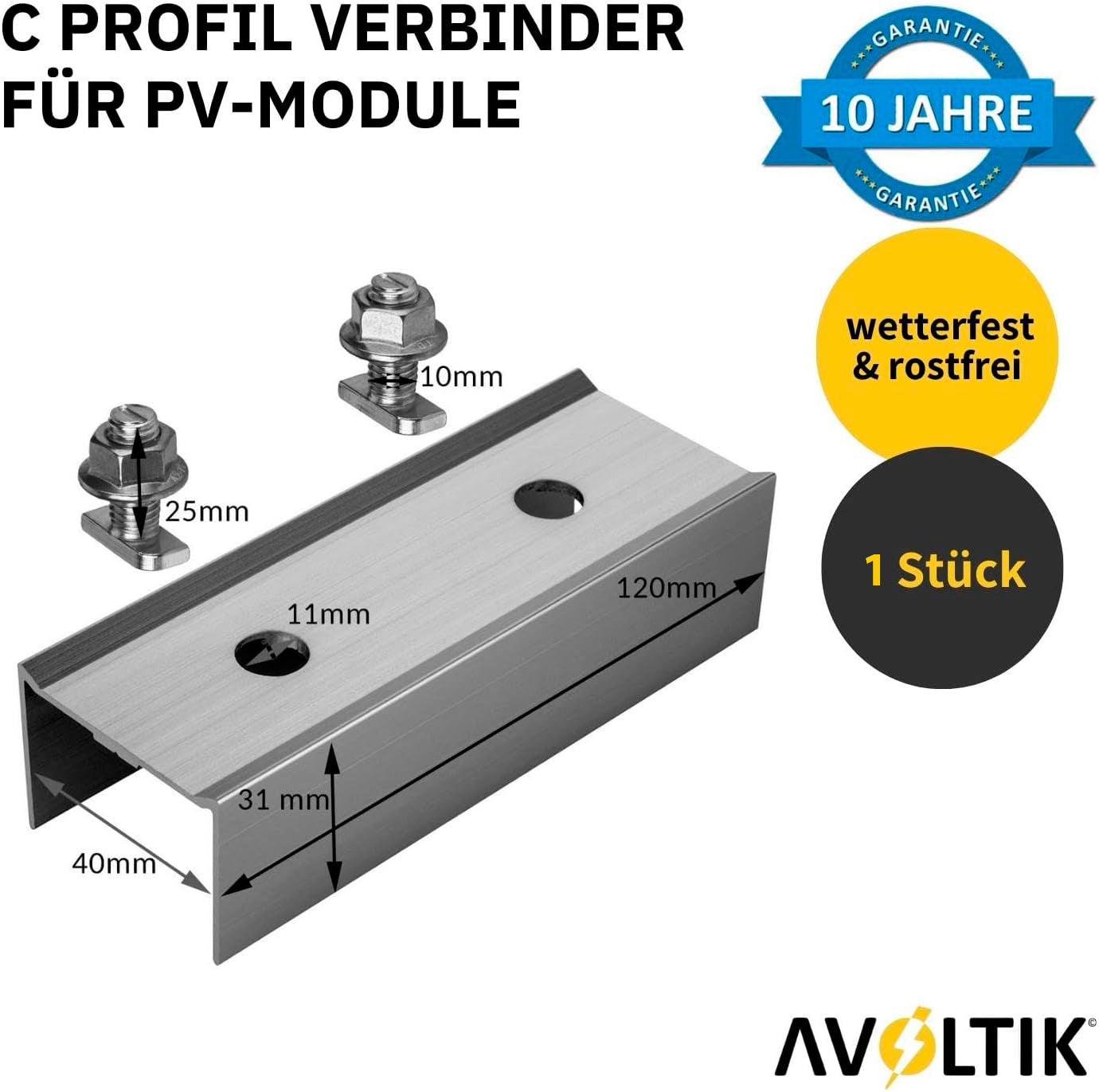 Avoltik Montageschiene C Profilverbinder für 40X40 Aluprofile mit Schrauben Bemaßung, wetterfest & rostfrei