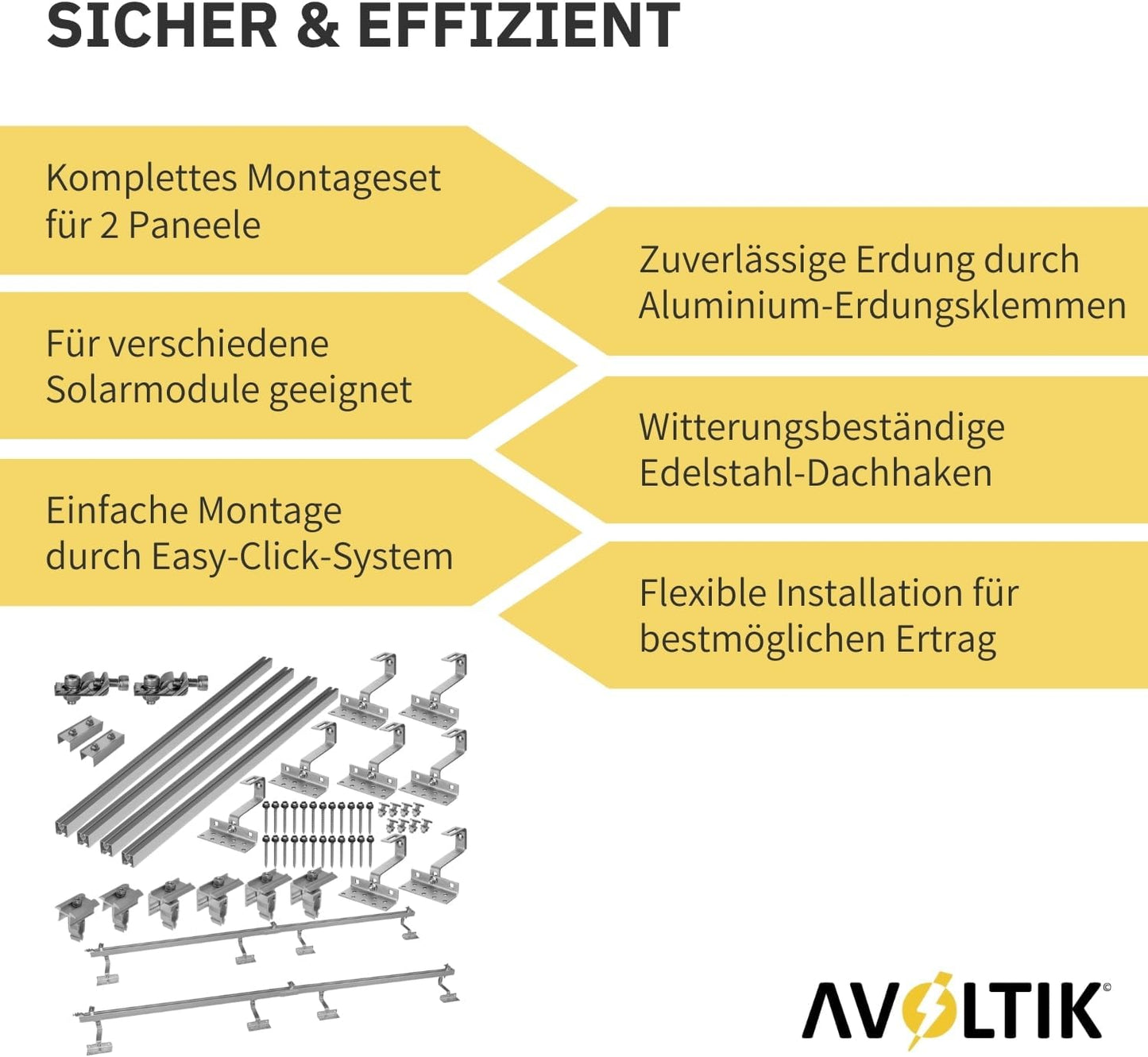 Avoltik Solar Halterung Ziegeldach Montageset für 2 Paneele 30-45mm Sicher & Effizient