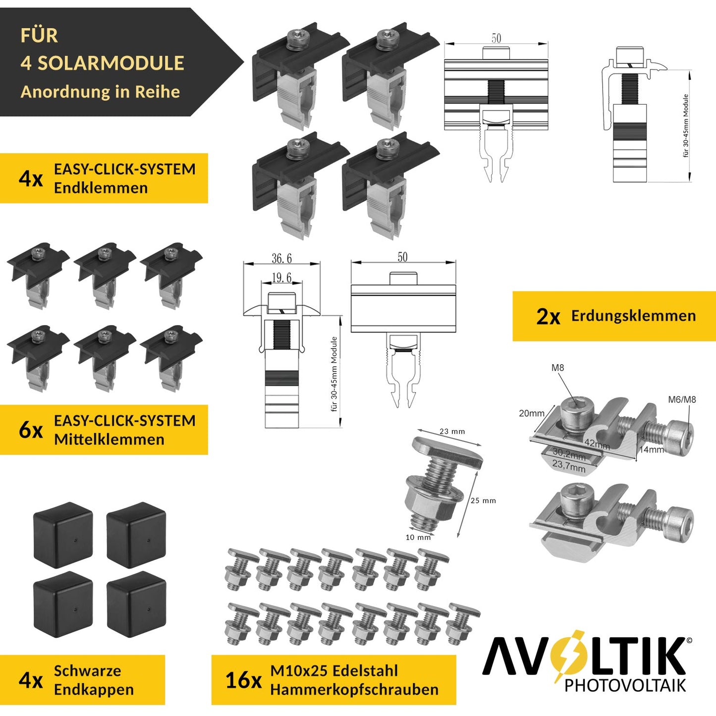 Lieferumfang Endklemmen, Mittelklemmen, Erdungsklemmen, Hammerkopfschrauben, Endkappen