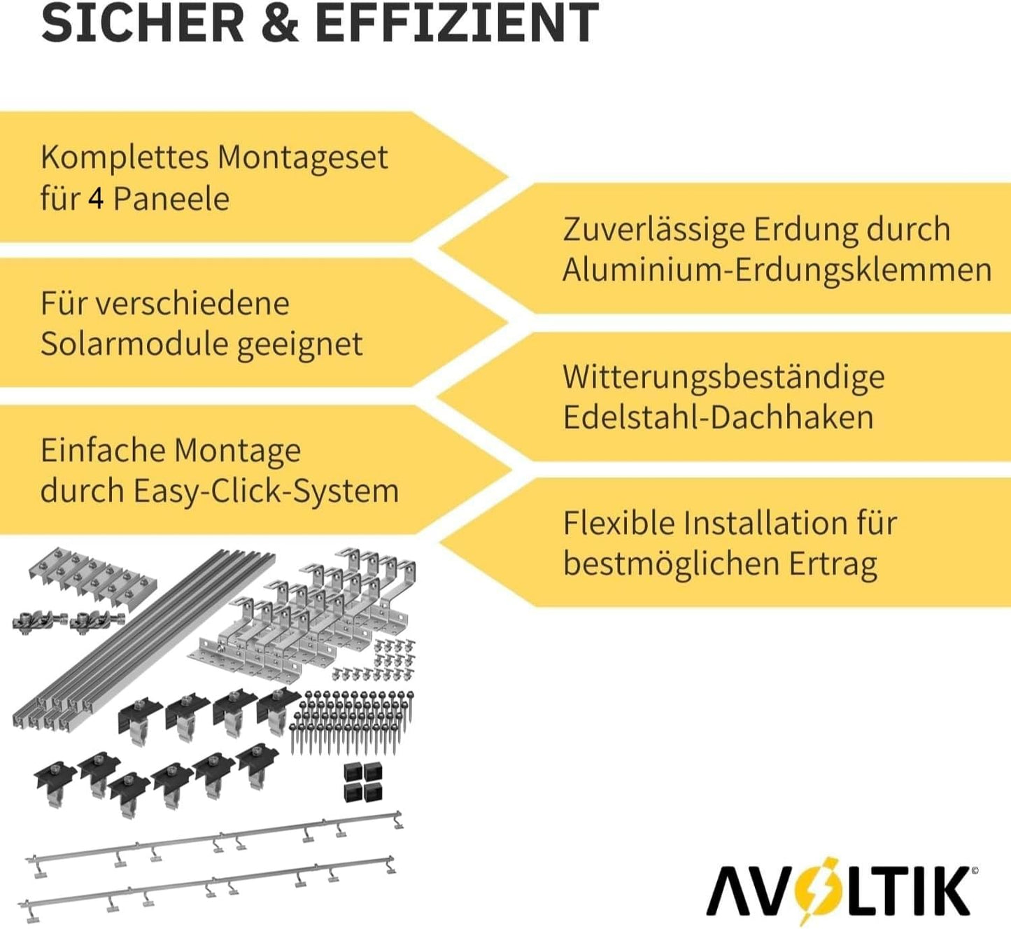 Avoltik Solar Halterung Ziegeldach Montageset für 4 Paneele 30-45mm, End-Mittelklemmen schwarz