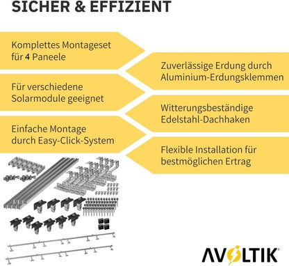 Avoltik Solar Halterung Ziegeldach Montageset für 4 Paneele 30-45mm, End-Mittelklemmen schwarz