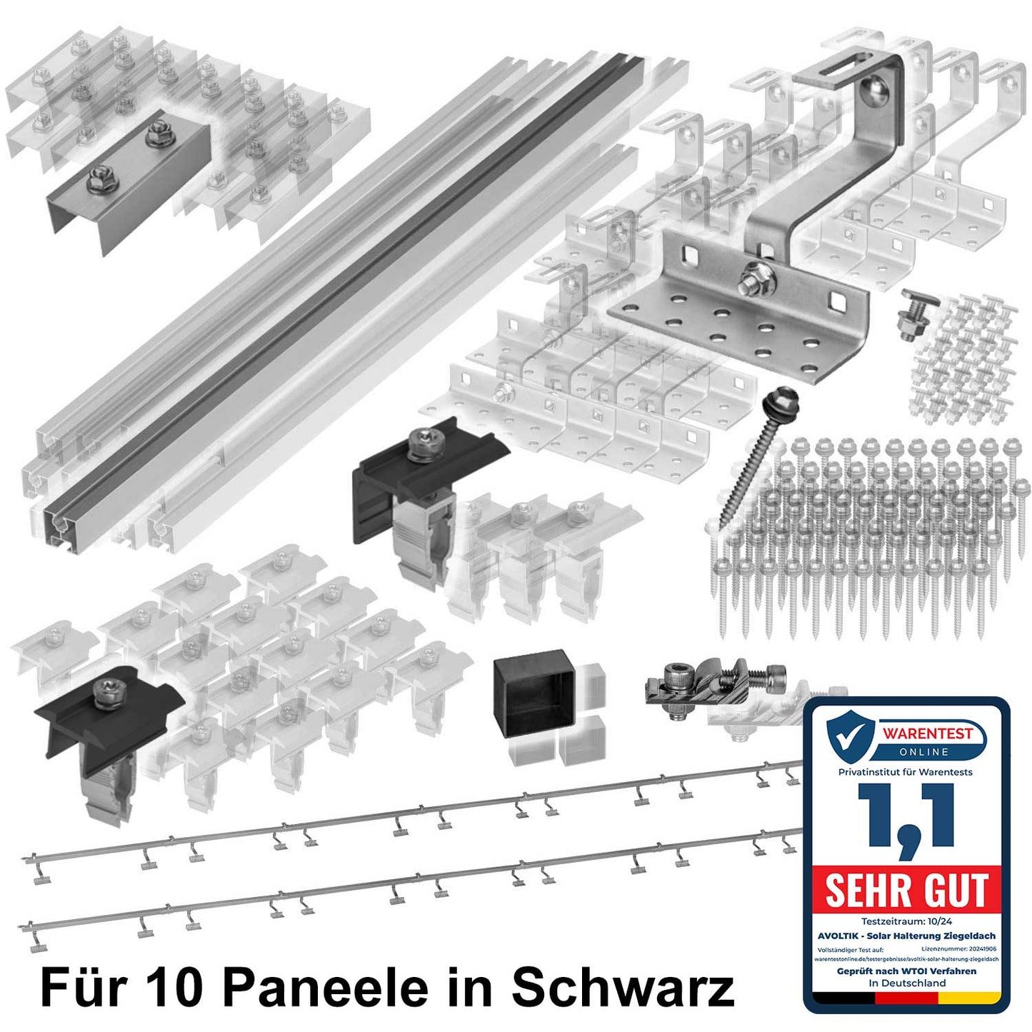 Avoltik Solar Halterung Ziegeldach Montageset für 1-10 Panel 30-45mm, Endklemmen Silber oder Schwarz