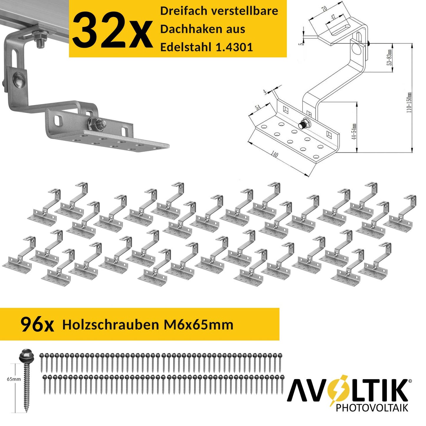 Avoltik Solar Halterung Ziegeldach Montageset für 1-10 Panel 30-45mm, Endklemmen Silber oder Schwarz