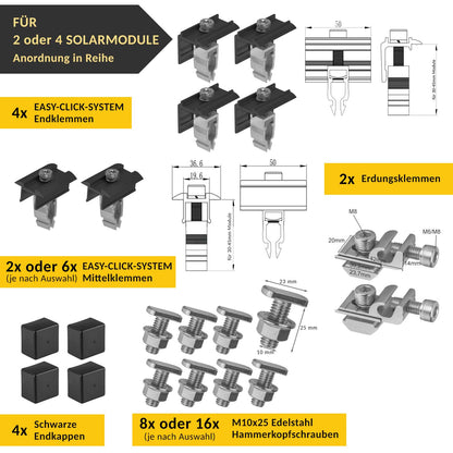 Avoltik Biberschwanz Montageset für 2 oder 4 Panele in Silber oder Schwarz Lieferumfang Endklemmen, Mittelklemmen, Erdungsklemmen, Hammerkopfschrauben, Endkappen