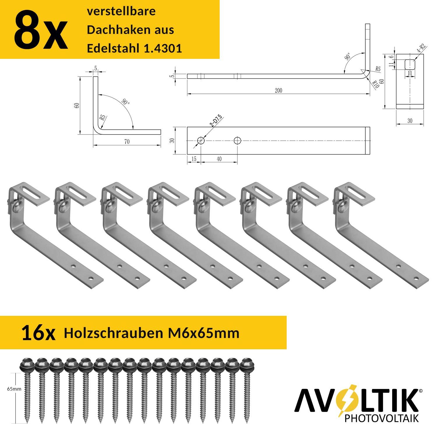 Avoltik Montageset Bitumendach für 2 Paneele mit End- & Mittelklemmen in Silber: Anzahl und Abmessung Dachhaken und Holzschrauben