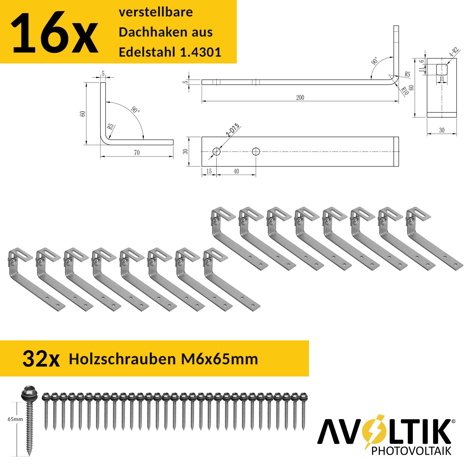 Avoltik Montageset Bitumendach für 4 Paneele mit End- & Mittelklemmen in Silber: Anzahl und Abmessung Dachhaken und Holzschrauben