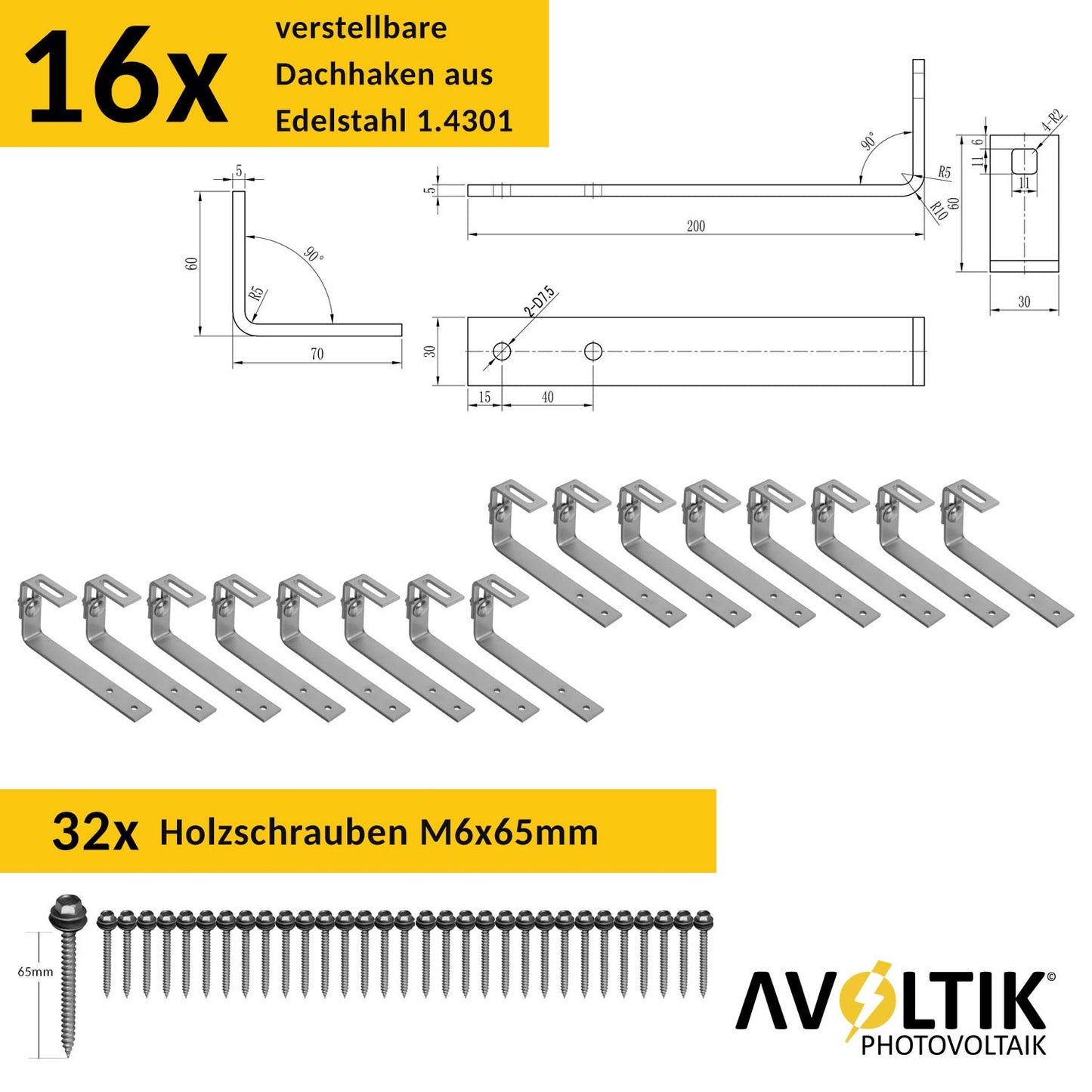 Avoltik Montageset Bitumendach für 4 Paneele mit End- & Mittelklemmen in Schwarz: Anzahl und Abmessung Dachhaken und Holzschrauben