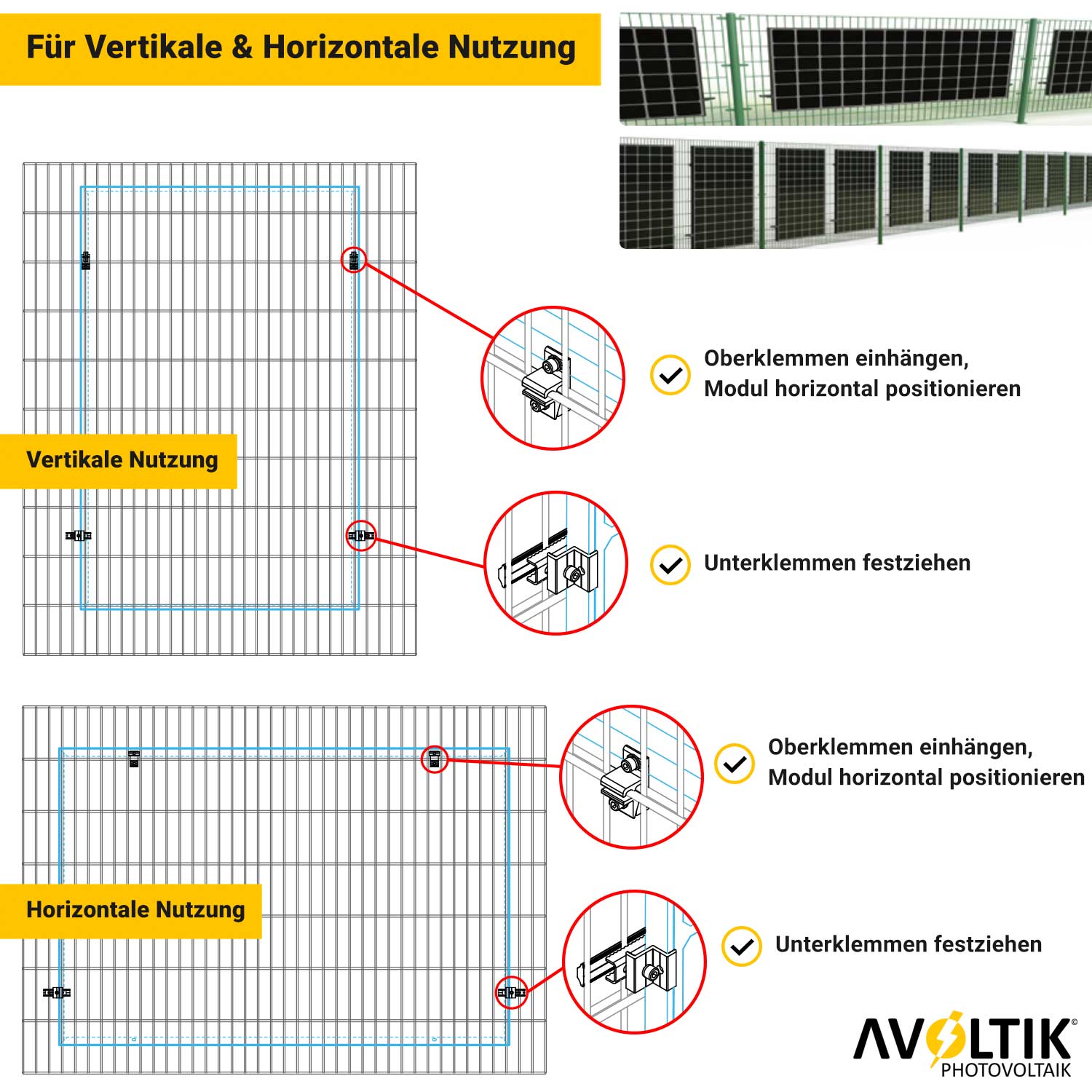 Avoltik Solarhalterung für Doppelstabmattenzaun | PV Halterung für Gartenzaun I für Module 30-35 mm Für Vertikale und Horizontale Nutzung