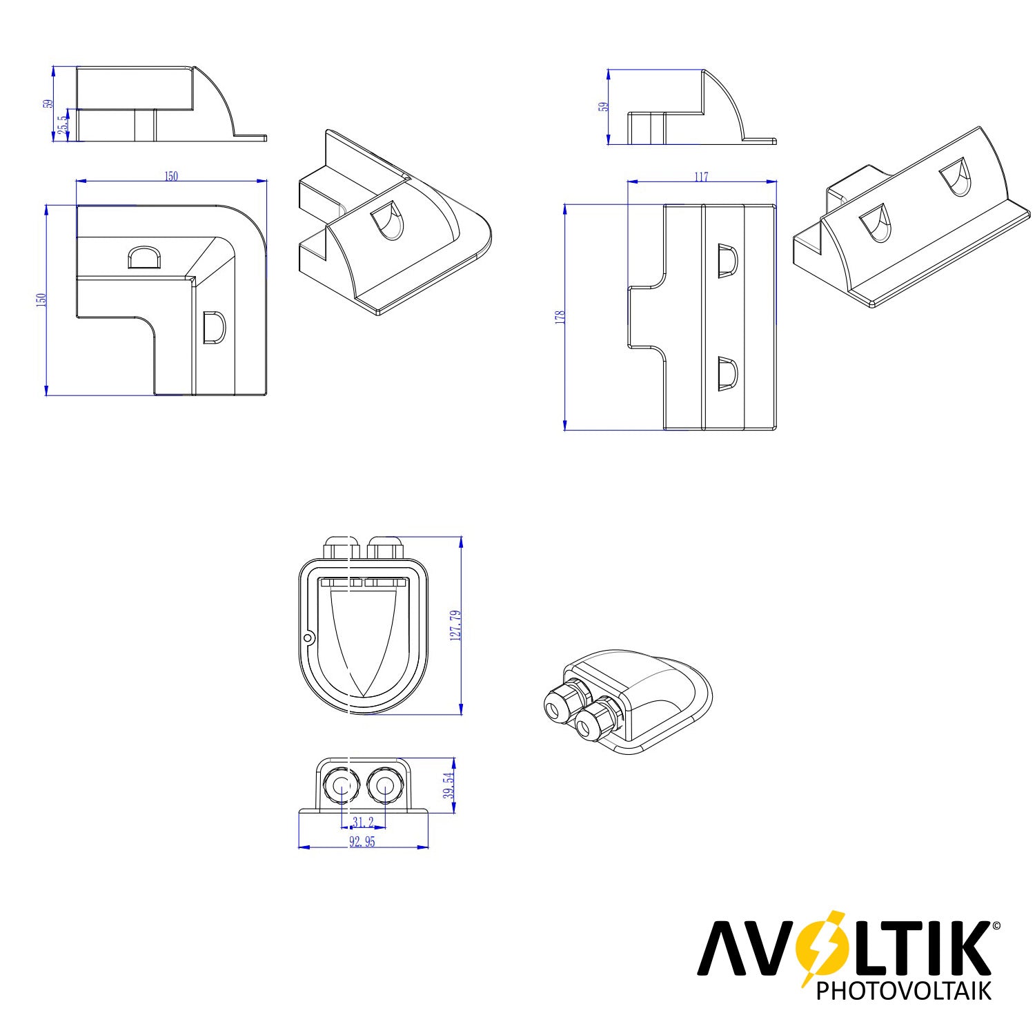 Avoltik 7er Set ABS Solarmodul Eck Halterung verstellbar Bemaßung