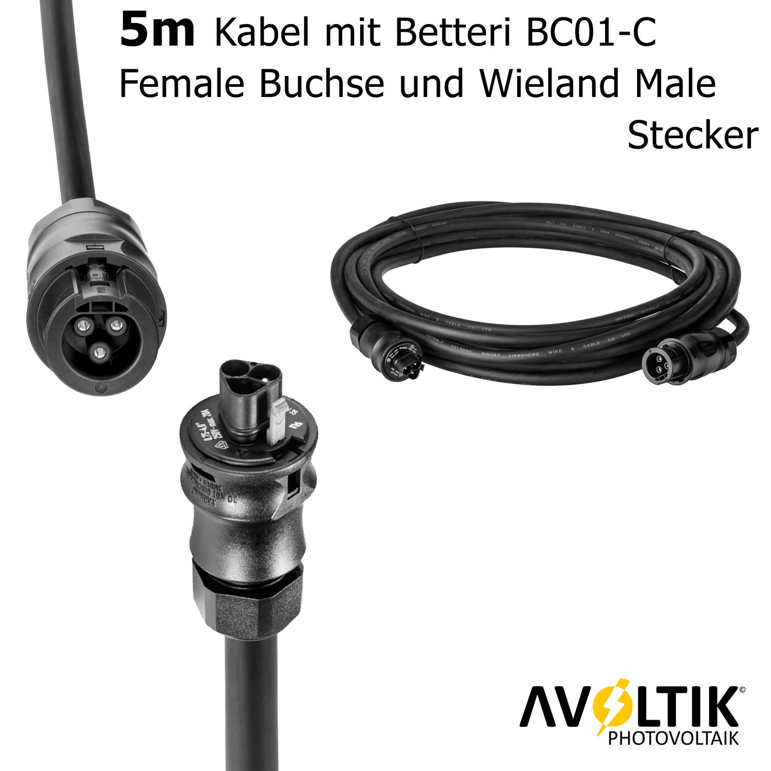 Avoltik Anschluss-Set 5 Meter mit Betteri-Kupplung und geraden Wieland Stecker Details Stecker