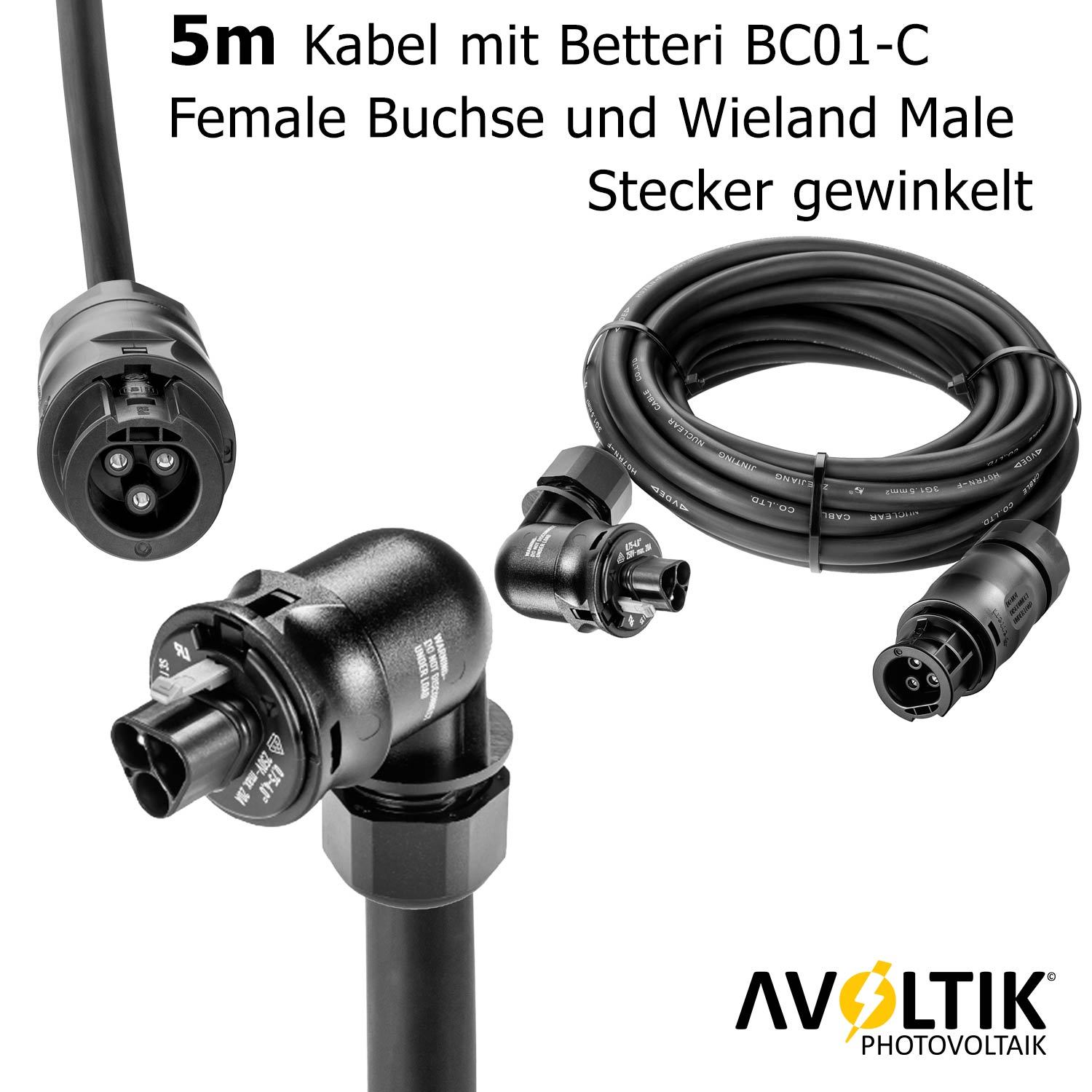 Avoltik Anschluss-Set 5 Meter mit Betteri-Kupplung und gewinkeltem Wieland Stecker Details Stecker und Buchsen