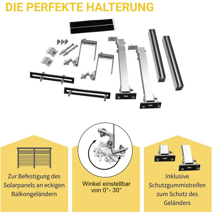 Avoltik Balkonkraftwerk Halterung Balkon für alle Solarpanel-Größen für eckige Geländer Haken. Neigbarer Winkel von 0°-30°