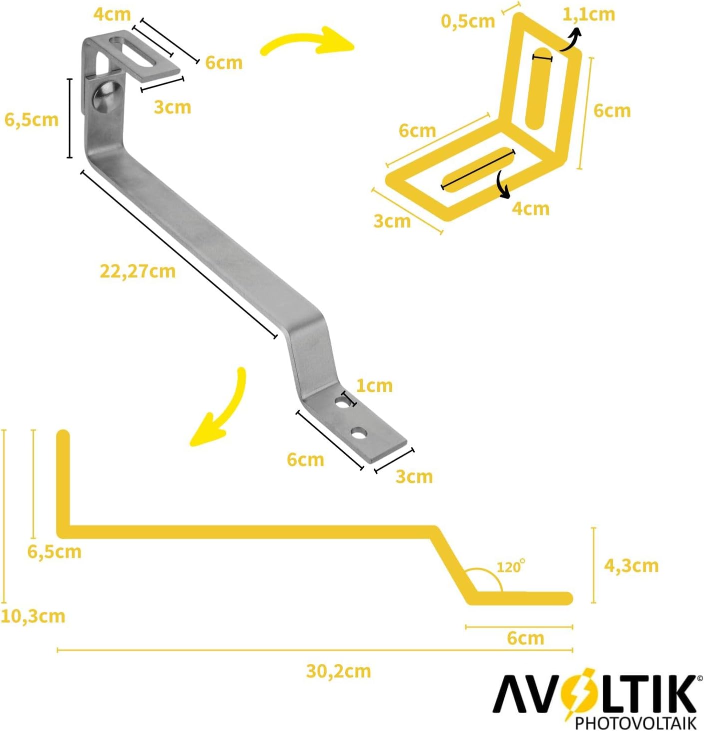 Avoltik Biberschwanz Montageset für 2  Paneele in Schwarz: Abmessungen Dachhaken