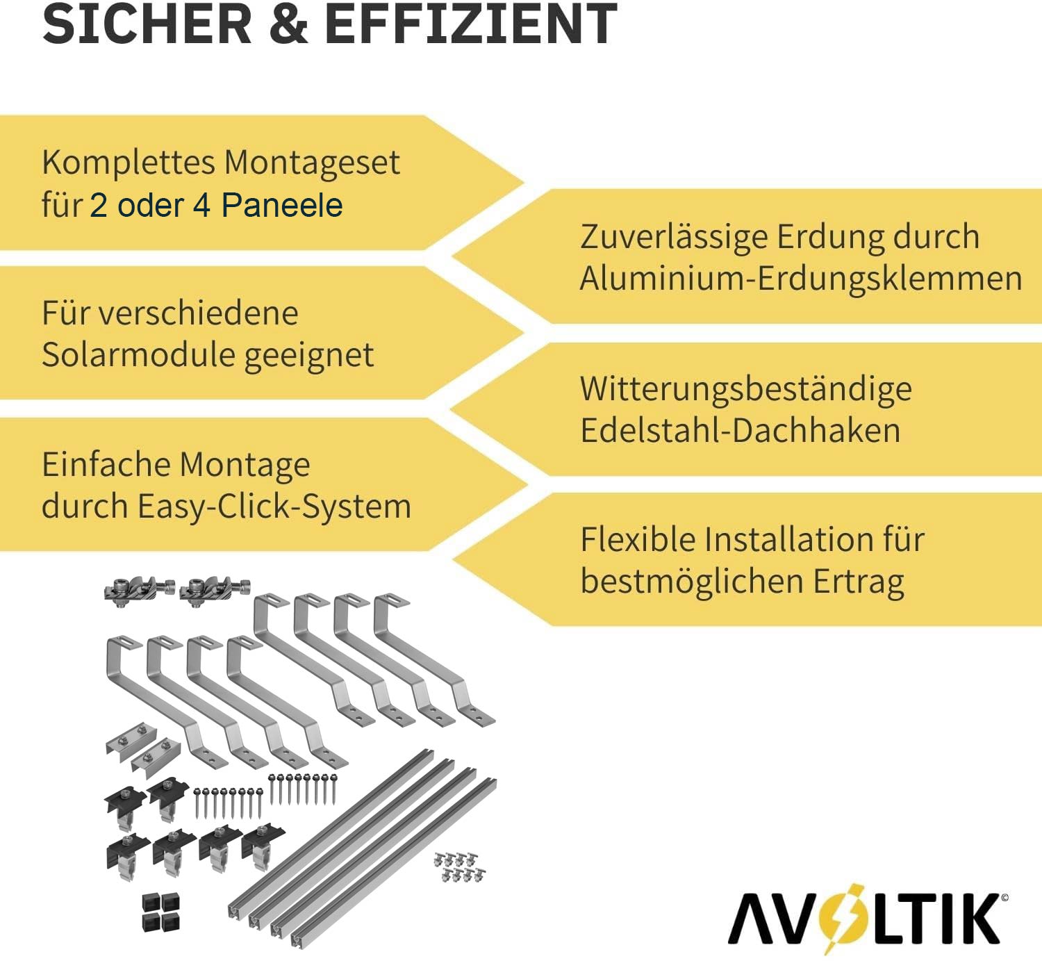 Avoltik Biberschwanz Montageset für 2 oder 4 Paneele in Silber oder Schwarz Produktinformationen