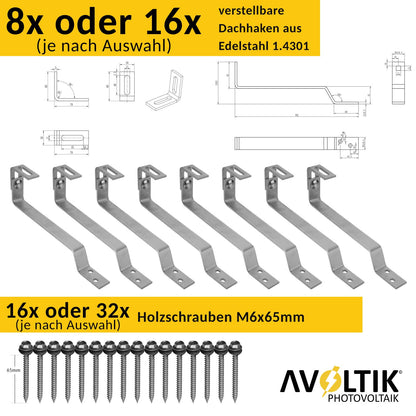 Avoltik Biberschwanz Montageset für 2 oder 4 Panele in Silber oder Schwarz Lieferumfang Dachhaken und Holzschrauben